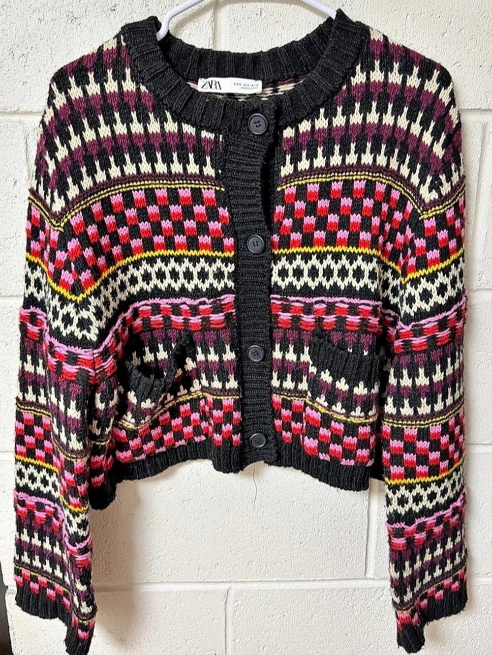 Zara Geometric Cropped Cardigan in Black & Pink Size Small